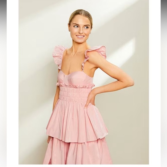 NWT ANTONIO MELANI Leila Sweetheart Neck Taffeta Smocked Tiered Midi Dress - Picture 6 of 9